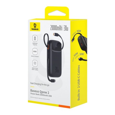 Powerbank QPow 2 20000mAh 30W z 2 wbudowanymi kablami USB-C - czarny