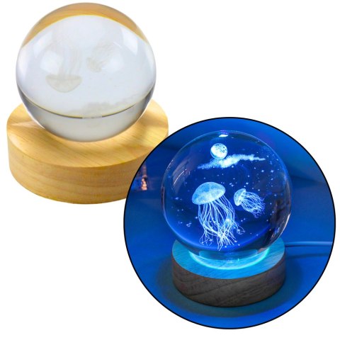 Świecąca Kryształowa Kula 3D Meduza Lampka Drewniana Podstawka Świecąca Kryształowa Kula 3D Meduza Lampka Drewniana Podstawka