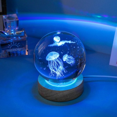 Świecąca Kryształowa Kula 3D Meduza Lampka Drewniana Podstawka Świecąca Kryształowa Kula 3D Meduza Lampka Drewniana Podstawka