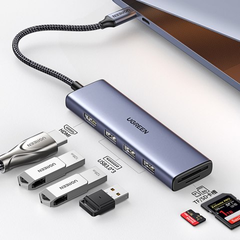 6w1 HUB Adapter USB-C - HDMI / USB-A / czytnik kart SD TF - szary 6w1 HUB Adapter USB-C - HDMI / USB-A / czytnik kart SD TF - szary
