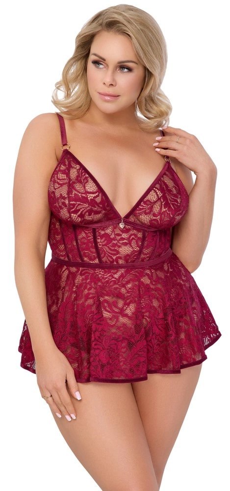 Cottelli CURVES - Seksowna Koronkowa Babydoll + Majteczki Bez Krocza Czerwone 3XL