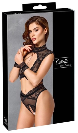 Cottelli Bondage - Koronkowy Zestaw Z Otwartymi Majteczkami Biustonoszem I Kajdankami Czarny S
