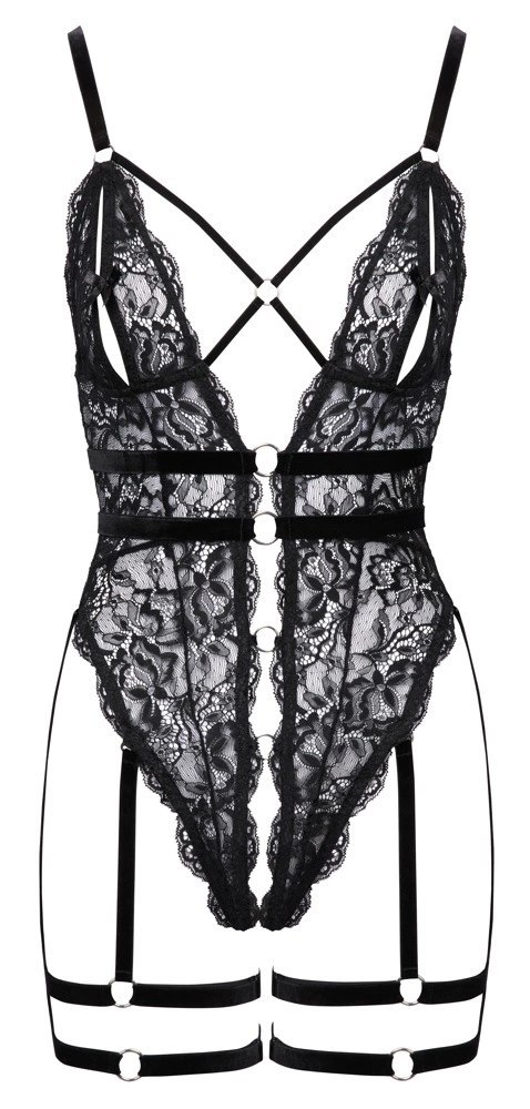 Cottelli LINGERIE - Koronkowe Body Bez Krocza Z Paskami Do Pończoch M