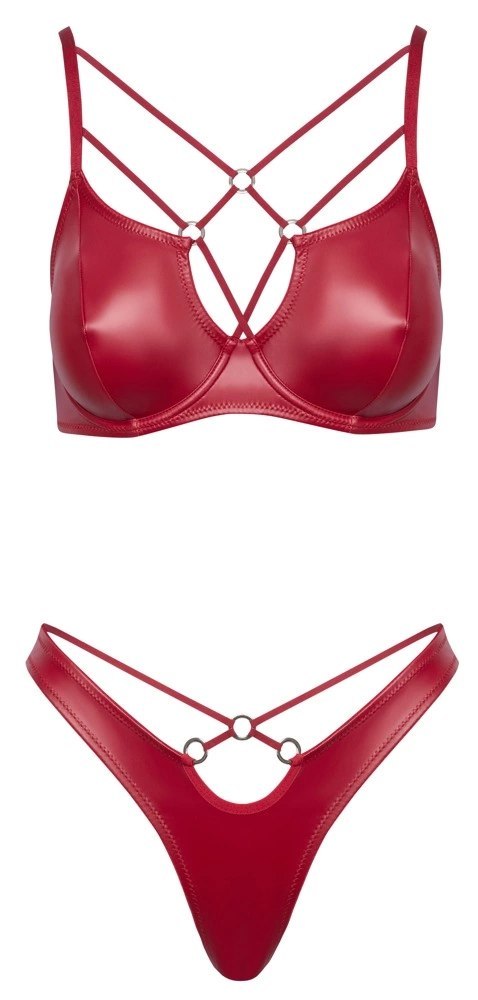 Cottelli LINGERIE - Seksowny Biustonosz Na Fiszbinach I Stringi Z Paseczkami Czerwone 85B/L