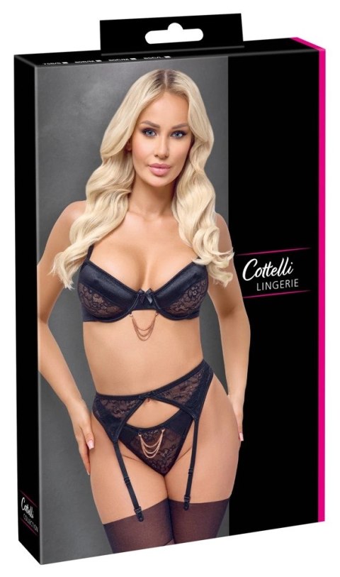 Cottelli LINGERIE - Seksowny Komplecik Biustonosz Pas Do Pończoch I Stringi Czarne 80B/M