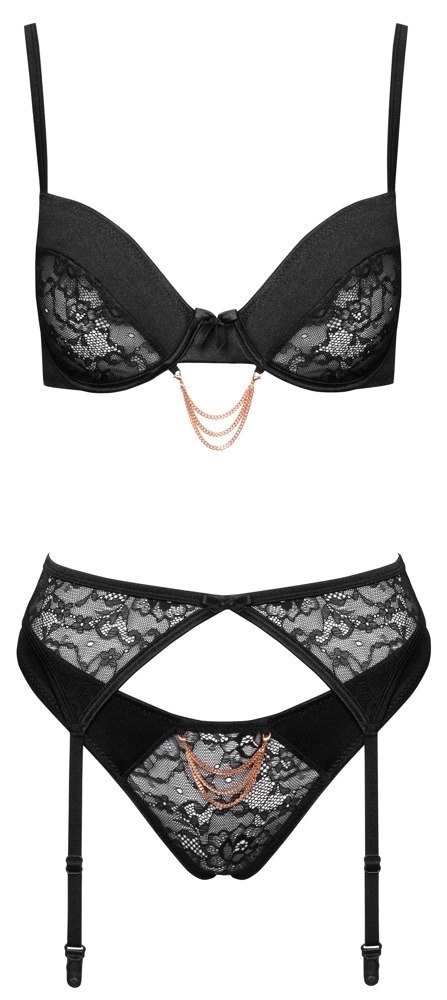 Cottelli LINGERIE - Seksowny Komplecik Biustonosz Pas Do Pończoch I Stringi Czarne 80B/M