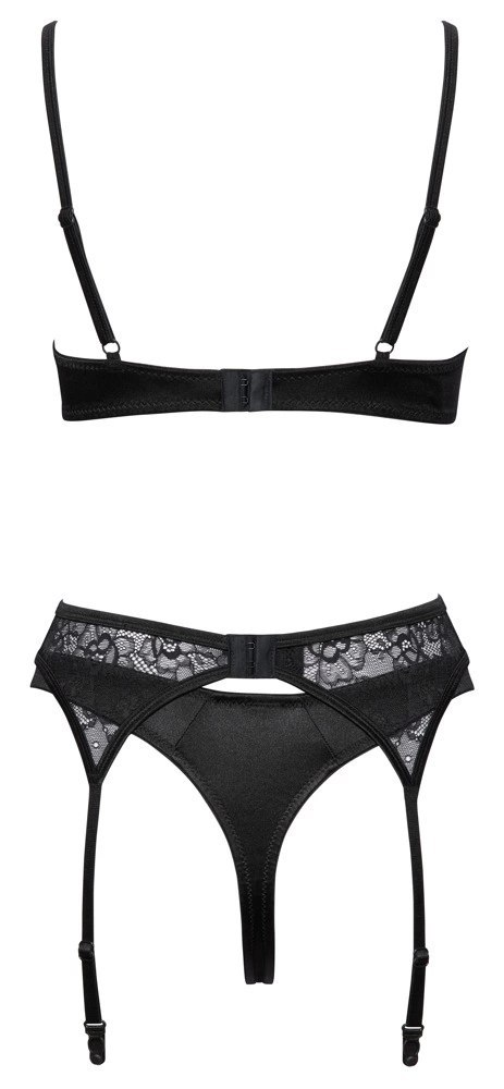 Cottelli LINGERIE - Seksowny Komplecik Biustonosz Pas Do Pończoch I Stringi Czarne 85C/L