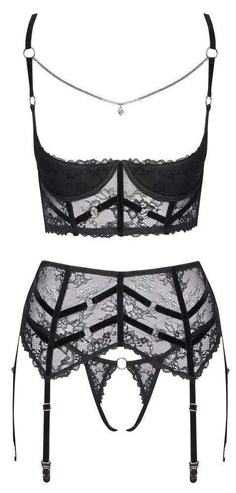Cottelli LINGERIE - Seksowny Koronkowy 3-Częściowy Komplecik Czarny 75B/S