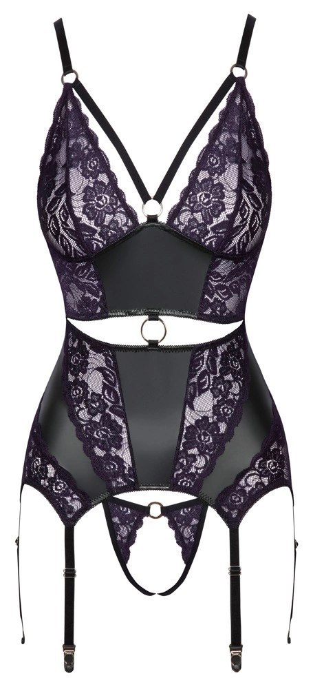 Cottelli LINGERIE - Seksowny Matowy Top Do Pończoch I Stringi Bez Krocza M