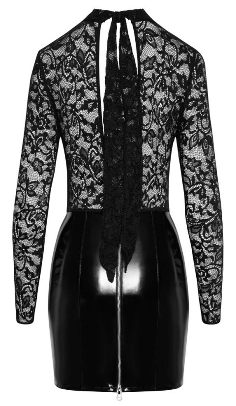 Black Level - Winylowa Mini Sukienka Z Dodatkiem Eleganckiej Koronki Czarna M