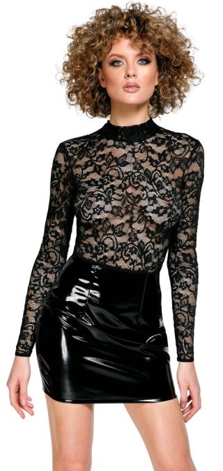 Black Level - Winylowa Mini Sukienka Z Dodatkiem Eleganckiej Koronki Czarna S