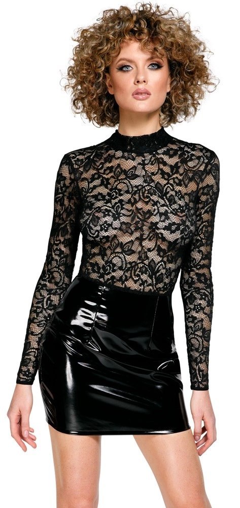 Black Level - Winylowa Mini Sukienka Z Dodatkiem Eleganckiej Koronki Czarna S