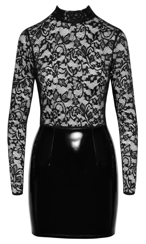 Black Level - Winylowa Mini Sukienka Z Dodatkiem Eleganckiej Koronki Czarna S