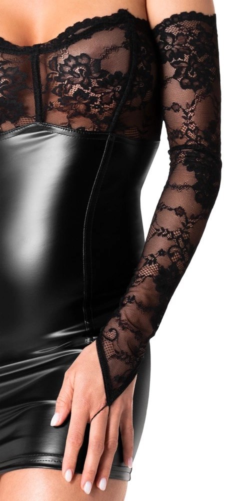 Noir - Czarna Mini Sukienka Bez Ramiączek Z Koronkowymi Rękawiczkami Orgia XL