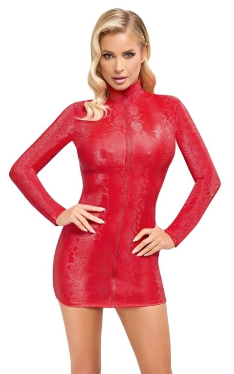 Cottelli PARTY - Seksowna Mini Sukienka Z Długim Rękawkiem Skóra Węża Czerwona S