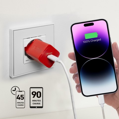 Ładowarka sieciowa GaN z Power Delivery 20W - czerwona Ładowarka sieciowa GaN z Power Delivery 20W - czerwona