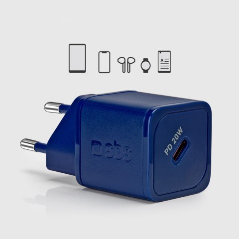 Ładowarka sieciowa GaN z Power Delivery 20W - niebieska Ładowarka sieciowa GaN z Power Delivery 20W - niebieska