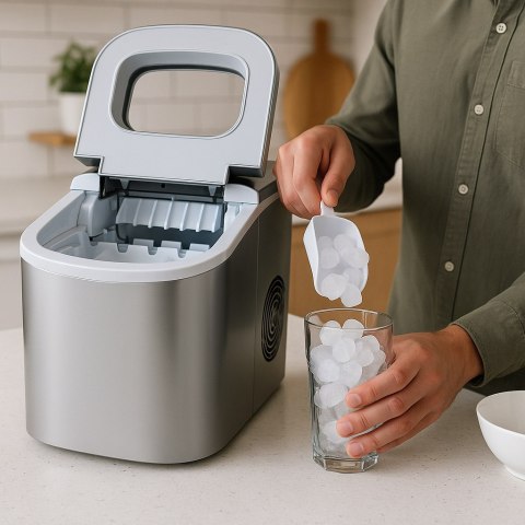 Kostkarka do lodu 2,2L 12kg/24h srebrna kompaktowa 2 rozmiary kostek Kostkarka do lodu 2,2L 12kg/24h srebrna kompaktowa 2 rozmiary kostek