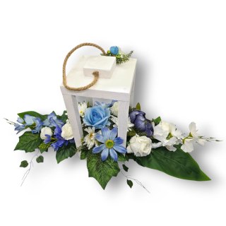 STROIK BIAŁY LAMPION NA GRÓB POMNIK CMENTARZ DEKORACJA NAGROBNA WIENIEC BIAŁO NIEBIESKI