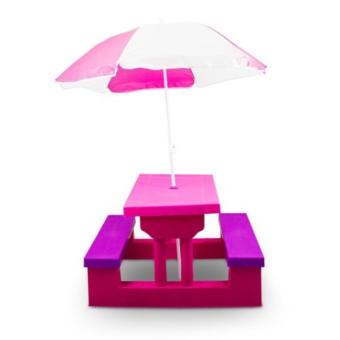 Stolik ogrodowy dla dzieci z parasolem różowy zestaw z ławeczkami do ogrodu
