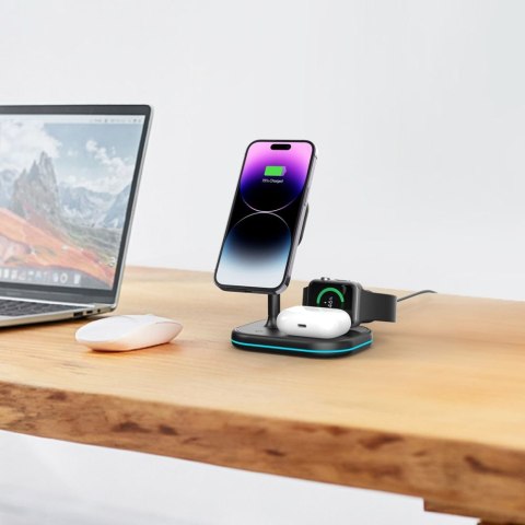 3w1 Ładowarka indukcyjna MagSafe ze stojakiem na smartfon Apple Watch AirPods - czarna 3w1 Ładowarka indukcyjna MagSafe ze stojakiem na smartfon Apple Watch AirPods - czarna
