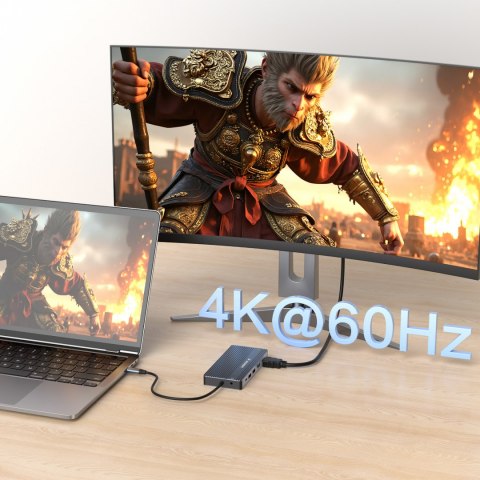14w1 HUB do 3 monitorów USB-A USB-C DisplayPort HDMI RJ45 SD TF mini jack - szary 14w1 HUB do 3 monitorów USB-A USB-C DisplayPort HDMI RJ45 SD TF mini jack - szary