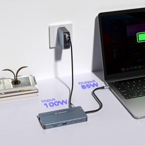 14w1 HUB do 3 monitorów USB-A USB-C DisplayPort HDMI RJ45 SD TF mini jack - szary 14w1 HUB do 3 monitorów USB-A USB-C DisplayPort HDMI RJ45 SD TF mini jack - szary