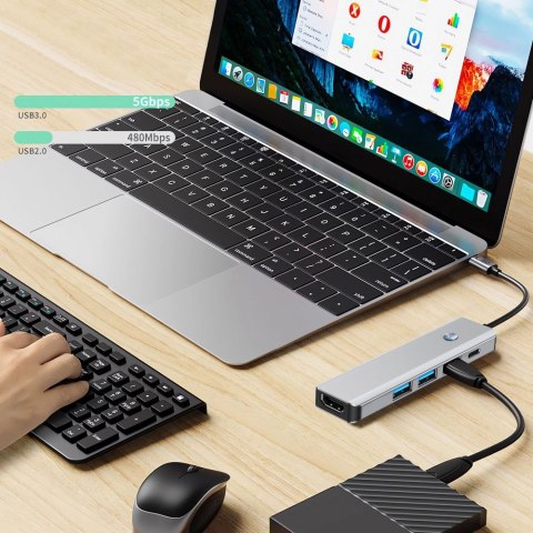 5w1 HUB Adapter USB-C PD USB-A HDMI 4K 60Hz 100W - szary 5w1 HUB Adapter USB-C PD USB-A HDMI 4K 60Hz 100W - szary