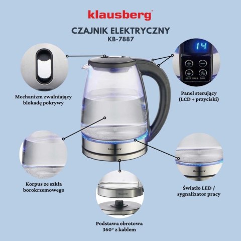 CZAJNIK ELEKTRYCZNY SZKLANY 1,8L KLAUSBERG KB-7887 LED RGB