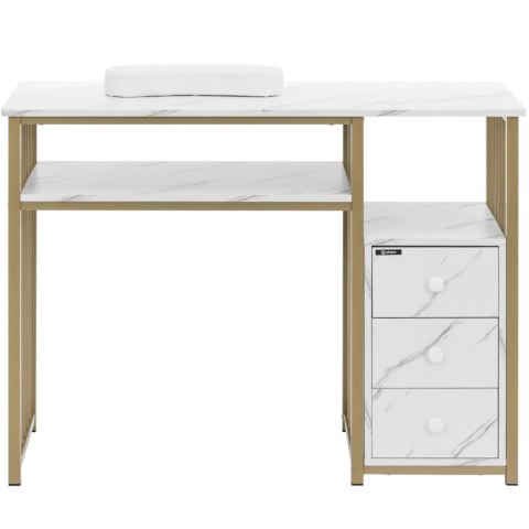 Biurko kosmetyczne do manicure z podpórka na dłonie 3 szuflady 110 x 46 cm - marmur złoto