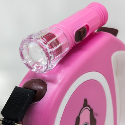 Smycz automatyczna zwijana dla psa kota z blokadą latarką LED do 15 kg 5 m - różowa