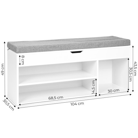 Szafka na buty z szarą poduszką i otwieranym siedziskiem 3 półki biała ModernHome