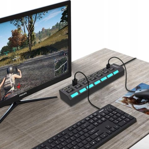 HUB rozdzielacz USB-A z włącznikami podświetlaniem 7 portów