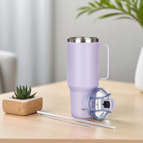 STALOWY KUBEK TERMICZNY TERMOS 1200ml Z RĄCZKĄ I SŁOMKĄ BANQUET TWAIN LILA