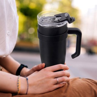 STALOWY KUBEK TERMICZNY TERMOS 1200ml Z RĄCZKĄ I SŁOMKĄ ORION 112284 CZARNY