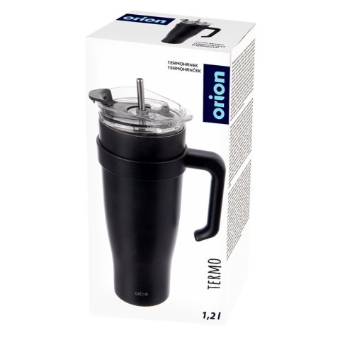 STALOWY KUBEK TERMICZNY TERMOS 1200ml Z RĄCZKĄ I SŁOMKĄ ORION 112284 CZARNY