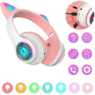 Słuchawki bezprzewodowe dla dzieci Bluetooth świecące LED RGB SD kot - biało różowe