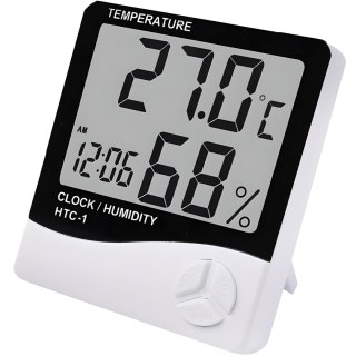 Termometr higrometr cyfrowy z zegarkiem budzikiem datą stojący na baterie 0-50C