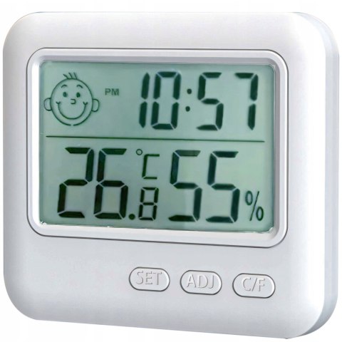 Termometr higrometr pokojowy stojący z zegarkiem budzikiem LCD