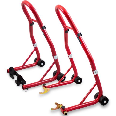 Stojaki motocyklowe na przód i tył czerwone stalowe 250 kg regulowane