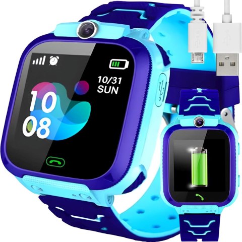 Smartwatch zegarek dla dzieci na kartę SIM lokalizacja GPS SOS kamera latarka - niebieski