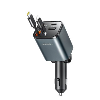 Ładowarka samochodowa 4w1 z kablami zwijanymi USB-A USB-C 30W- ciemnoszara
