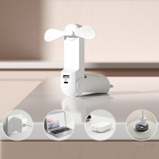 Mini wentylator wiatrak przenośny z funkcją powerbanka latarką USB-A USB-C 2000mAh - biały