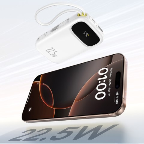 Powerbank 20000mAh 22.5W z wyświetlaczem kablami USB-C iPhone Lightning - biały